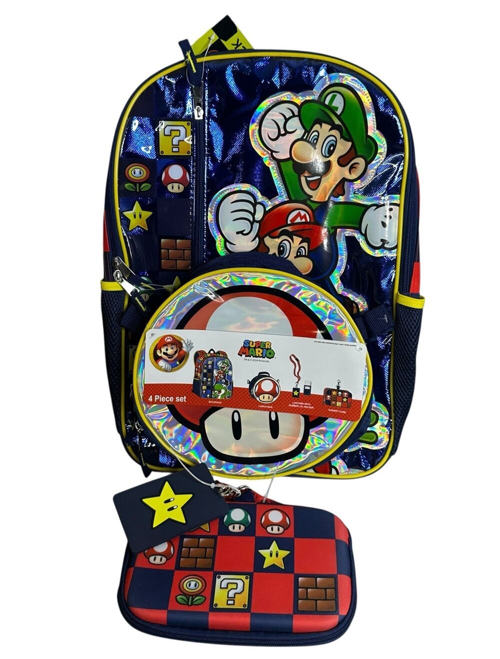 Nintendo Super Mario Boys 4 piece Gamer 17" Backpack Set with Lunch Bag New